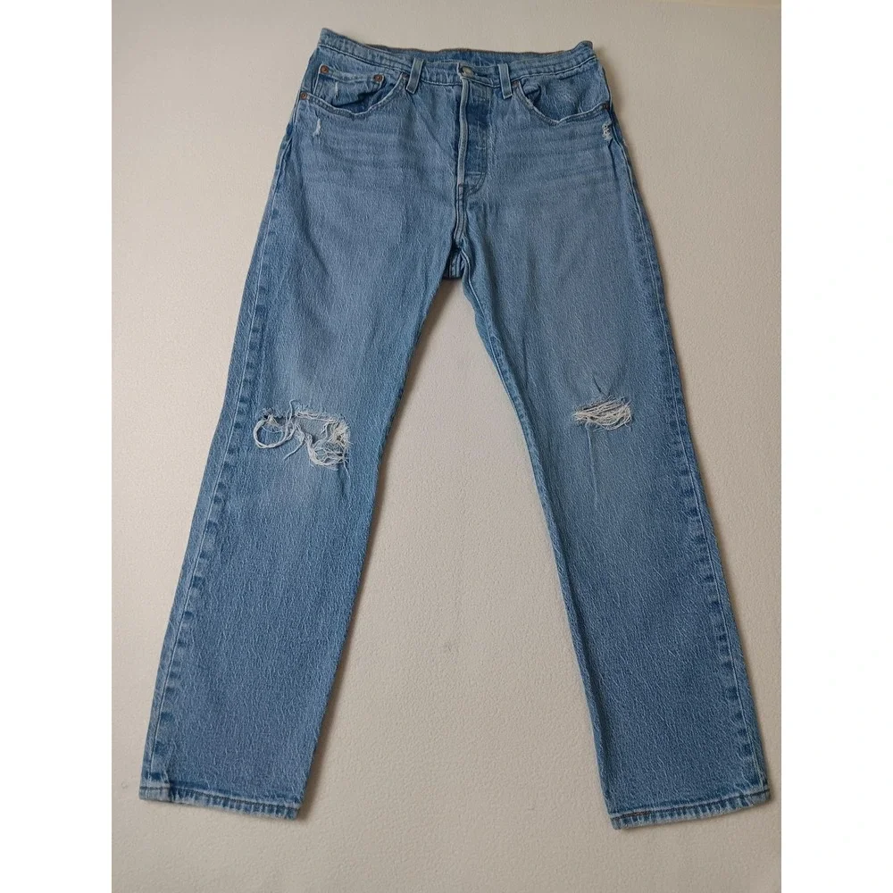 Levi's 501 Jeans Mens W30 L30 Blue Light Wash Distressed Denim Regular Fit